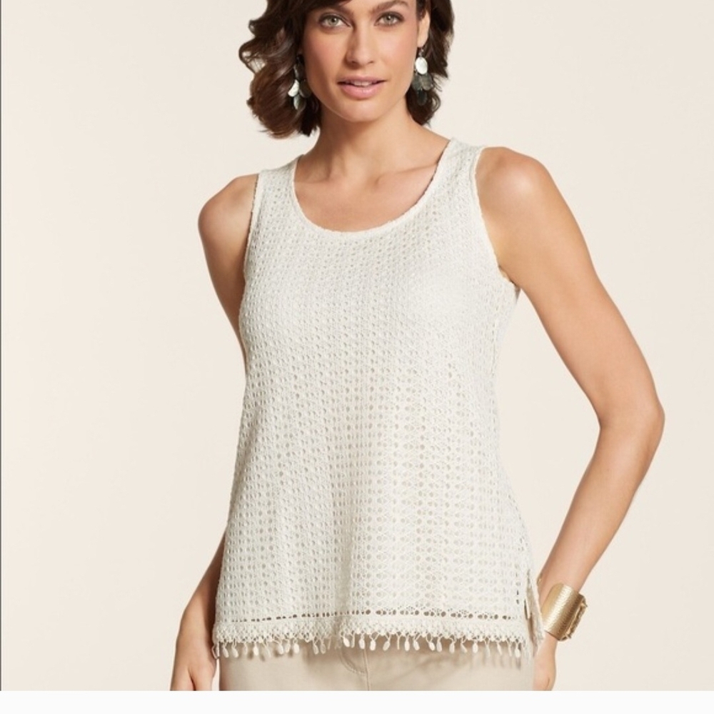 Chicos Cream Lace Crochet fringe s tank blouse with tonal sequins lg boho